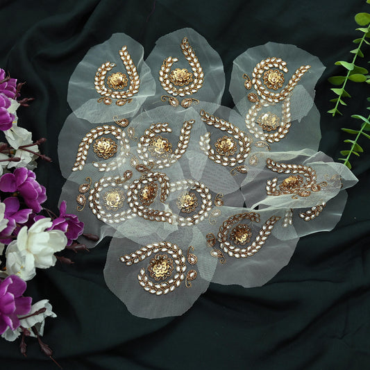 Indian Vintage White Net Hand-Embroidered Appliques  Set of 3 I Zardozi, Dabka, Bead Work | Floral Patches for Crafts, Journals