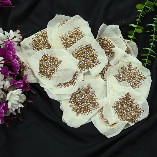 Indian Vintage Ivory Pure Georgette Silk Appliques  Set of 3 | Hand-Embroidered Floral Patches with Zardozi, Dabka, for Craft, Journals