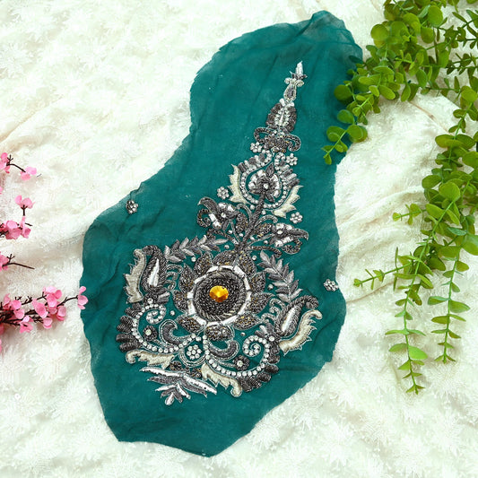 Indian Vintage Green Pure Georgette Silk Appliques  Set of 1 | Hand-Embroidered Floral Patches with Zardozi, Dabka, for Craft, Journals