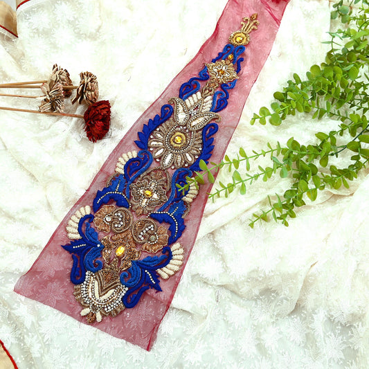 Indian Vintage Pink Net Hand-Embroidered Appliques  Set of 1, Zardozi, Dabka, Mukesh, Bead Work | Floral Patches for Crafts, Journals