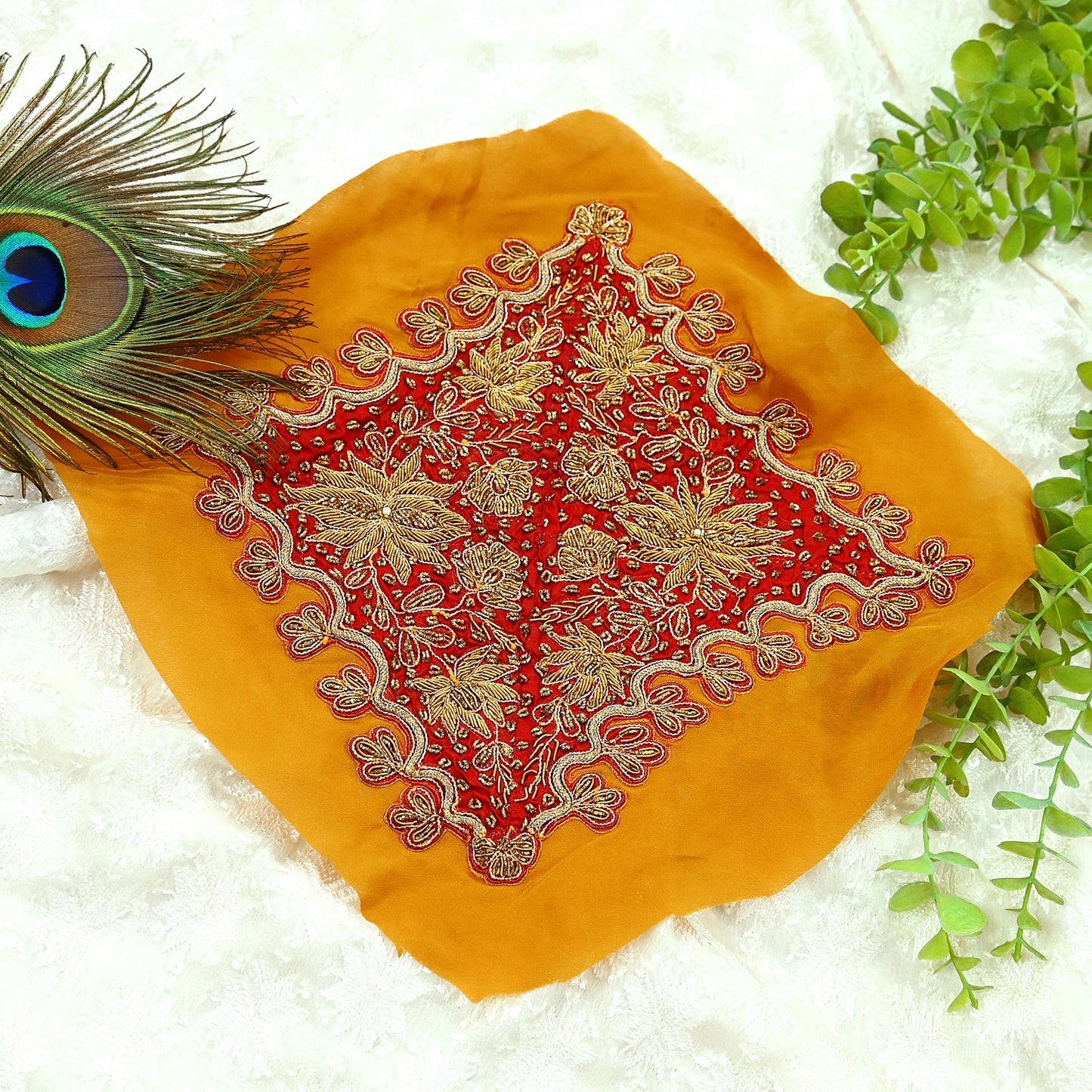 Indian Vintage Red Pure Crepe Silk Appliques  Set of 1 | Hand-Embroidered Floral Patches with Zardozi,Dabka, Zari,for Craft, Journals