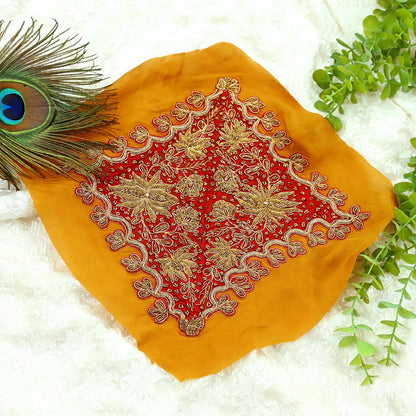 Indian Vintage Red Pure Crepe Silk Appliques  Set of 1 | Hand-Embroidered Floral Patches with Zardozi,Dabka, Zari,for Craft, Journals