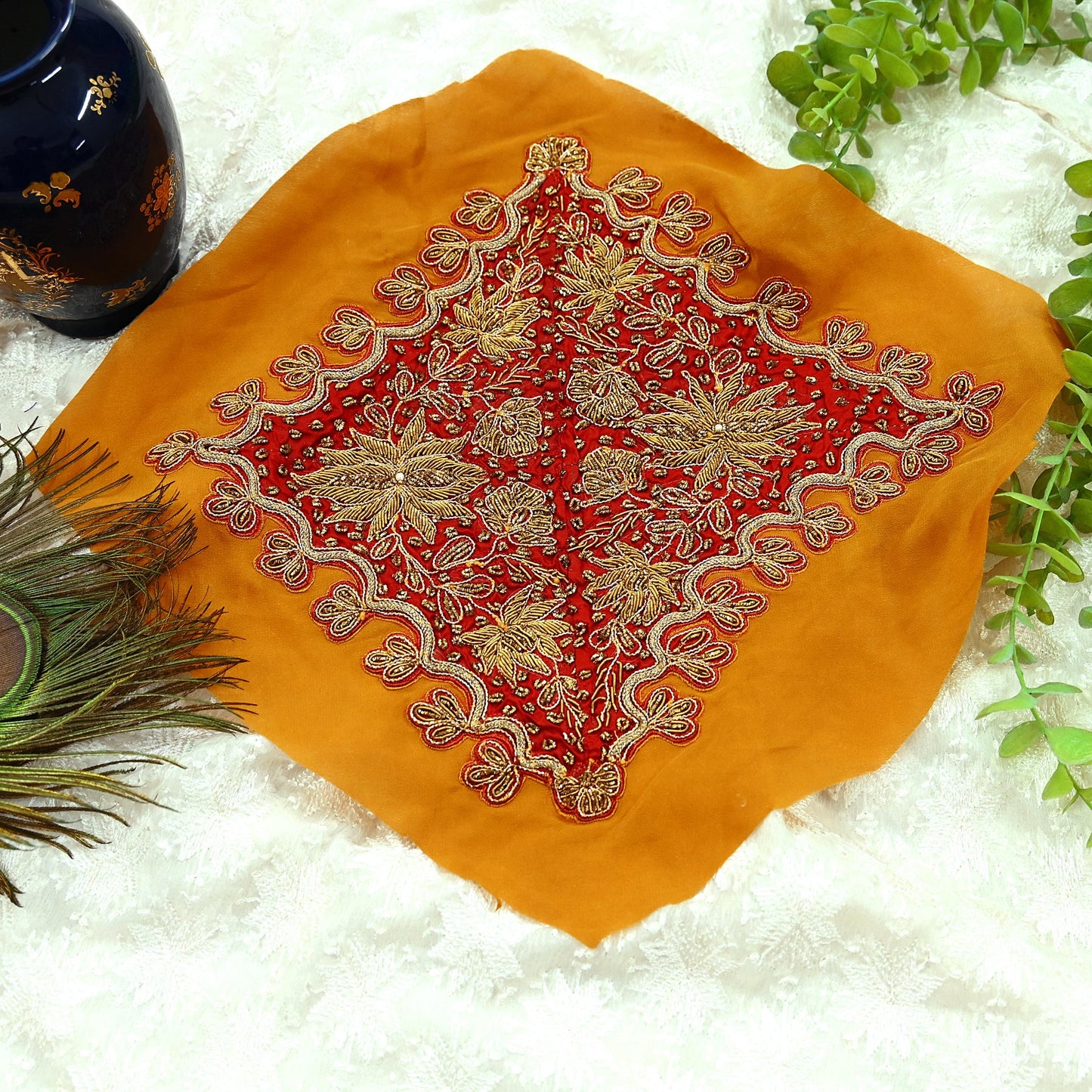 Indian Vintage Red Pure Crepe Silk Appliques  Set of 1 | Hand-Embroidered Floral Patches with Zardozi,Dabka, Zari,for Craft, Journals