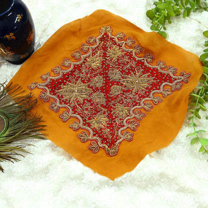 Indian Vintage Red Pure Crepe Silk Appliques  Set of 1 | Hand-Embroidered Floral Patches with Zardozi,Dabka, Zari,for Craft, Journals