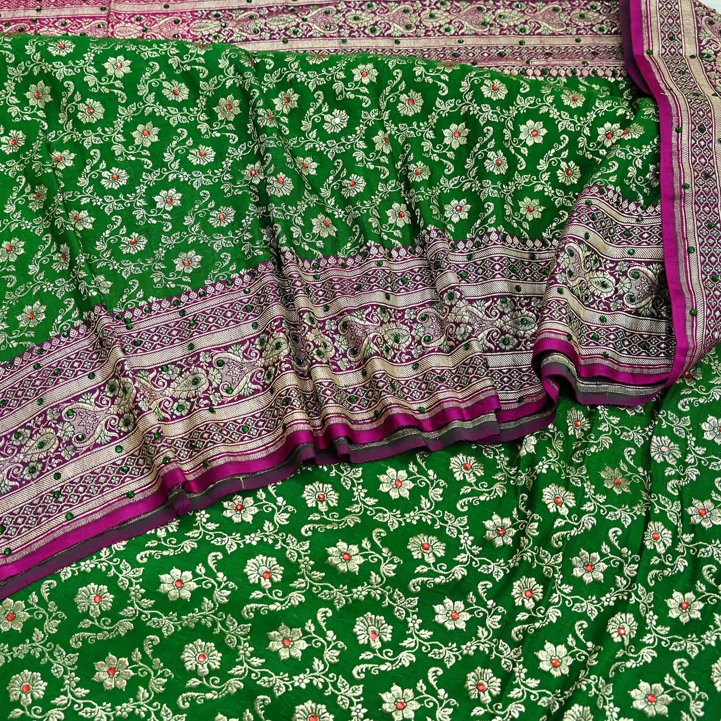 Indian Vintage Heavy Wedding Banarasi Sari 5 Yards Pure Satin Silk Hand-Embroidered Zari, Work Brocade Craft Fabric for Dressmaking