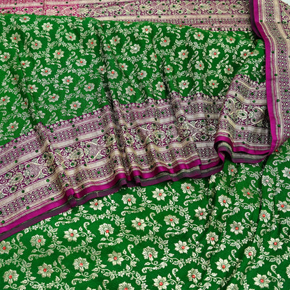 Indian Vintage Heavy Wedding Banarasi Sari 5 Yards Pure Satin Silk Hand-Embroidered Zari, Work Brocade Craft Fabric for Dressmaking