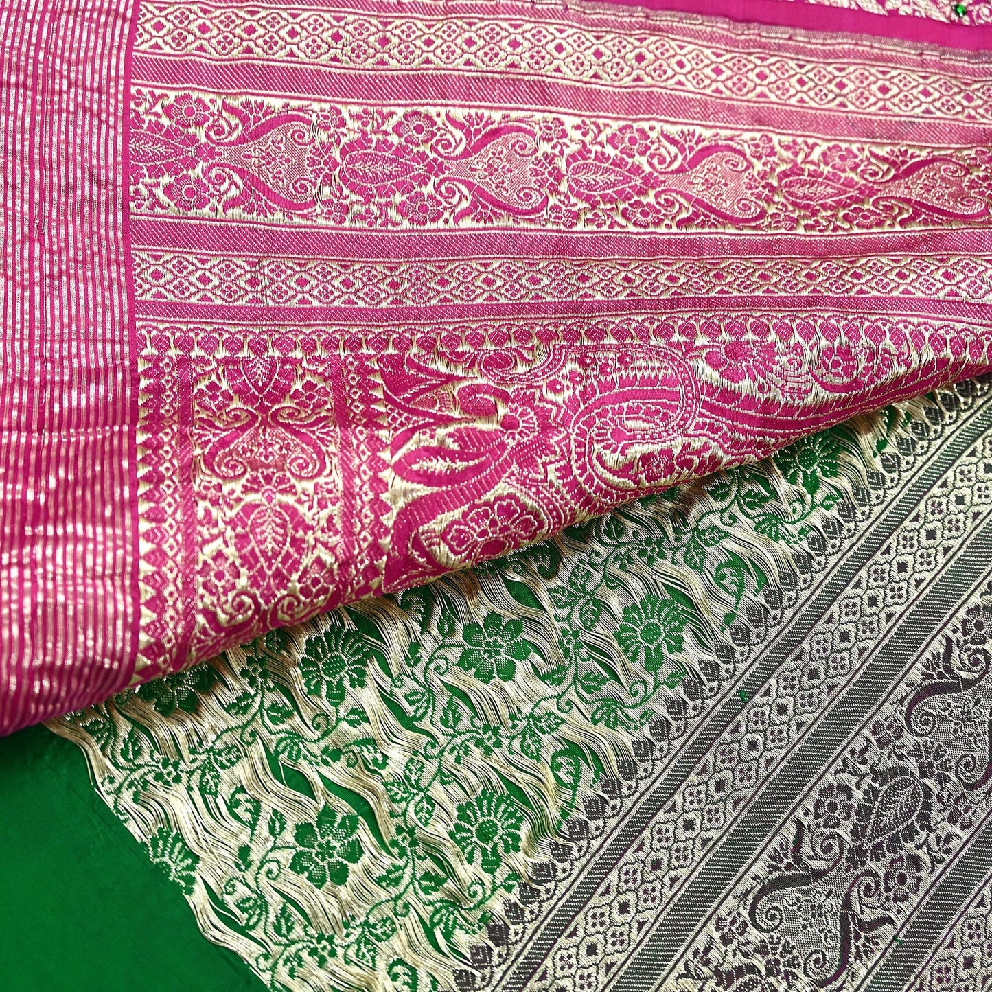 Indian Vintage Heavy Wedding Banarasi Sari 5 Yards Pure Satin Silk Hand-Embroidered Zari, Work Brocade Craft Fabric for Dressmaking