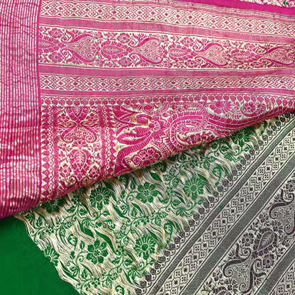 Indian Vintage Heavy Wedding Banarasi Sari 5 Yards Pure Satin Silk Hand-Embroidered Zari, Work Brocade Craft Fabric for Dressmaking