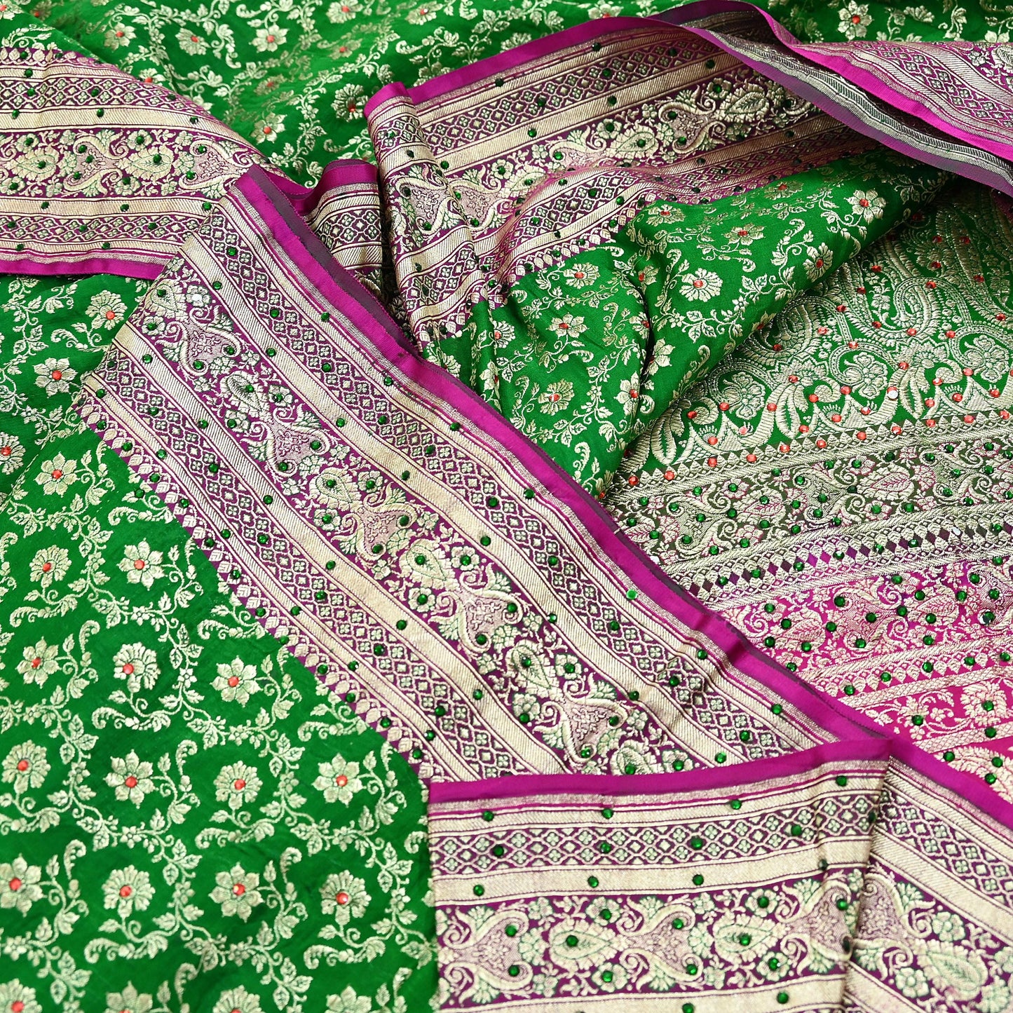 Indian Vintage Heavy Wedding Banarasi Sari 5 Yards Pure Satin Silk Hand-Embroidered Zari, Work Brocade Craft Fabric for Dressmaking