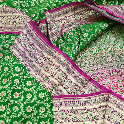 Indian Vintage Heavy Wedding Banarasi Sari 5 Yards Pure Satin Silk Hand-Embroidered Zari, Work Brocade Craft Fabric for Dressmaking