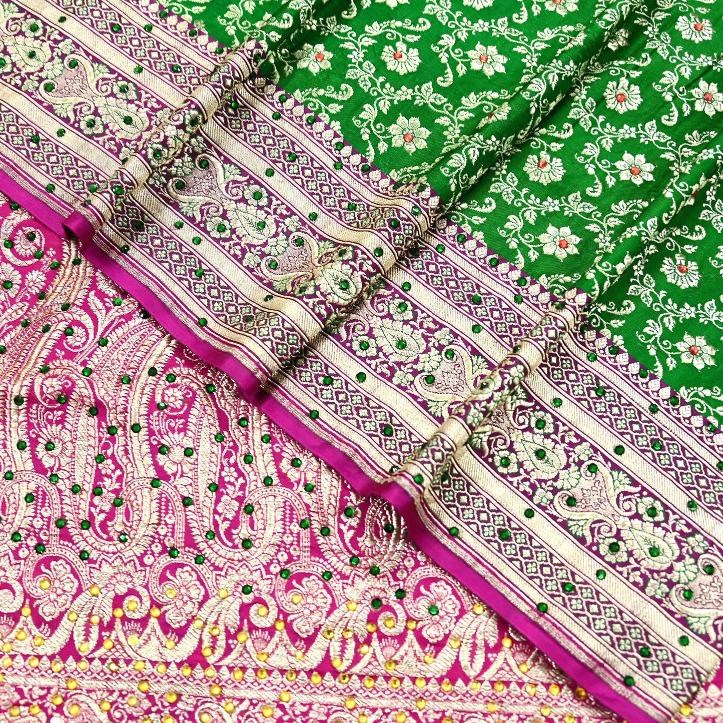 Indian Vintage Heavy Wedding Banarasi Sari 5 Yards Pure Satin Silk Hand-Embroidered Zari, Work Brocade Craft Fabric for Dressmaking