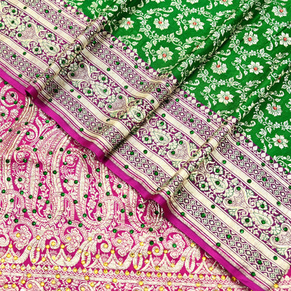Indian Vintage Heavy Wedding Banarasi Sari 5 Yards Pure Satin Silk Hand-Embroidered Zari, Work Brocade Craft Fabric for Dressmaking