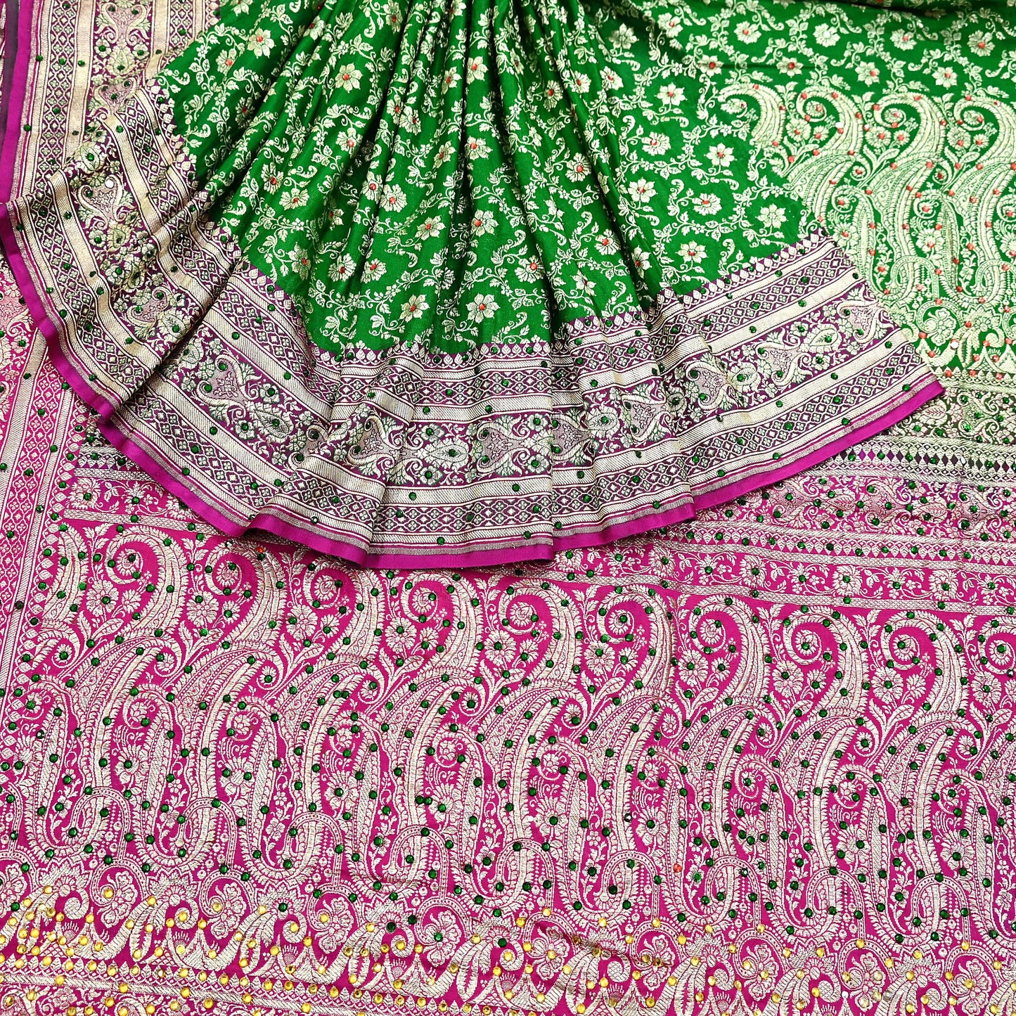 Indian Vintage Heavy Wedding Banarasi Sari 5 Yards Pure Satin Silk Hand-Embroidered Zari, Work Brocade Craft Fabric for Dressmaking