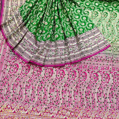 Indian Vintage Heavy Wedding Banarasi Sari 5 Yards Pure Satin Silk Hand-Embroidered Zari, Work Brocade Craft Fabric for Dressmaking