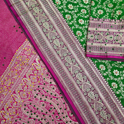 Indian Vintage Heavy Wedding Banarasi Sari 5 Yards Pure Satin Silk Hand-Embroidered Zari, Work Brocade Craft Fabric for Dressmaking