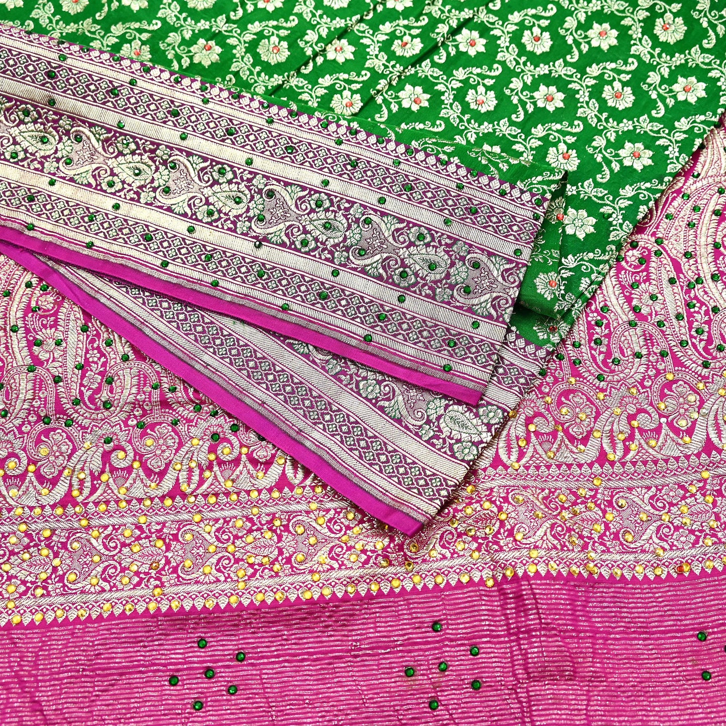 Indian Vintage Heavy Wedding Banarasi Sari 5 Yards Pure Satin Silk Hand-Embroidered Zari, Work Brocade Craft Fabric for Dressmaking