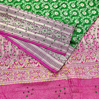 Indian Vintage Heavy Wedding Banarasi Sari 5 Yards Pure Satin Silk Hand-Embroidered Zari, Work Brocade Craft Fabric for Dressmaking