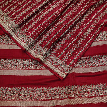 Indian Vintage Heavy Maroon Banarasi Saree | 5 Yards Pure Satin Silk | Woven Brocade Zari Floral| Pure Metallic Zari Fabric for Dressmaking