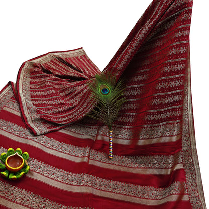 Indian Vintage Heavy Maroon Banarasi Saree | 5 Yards Pure Satin Silk | Woven Brocade Zari Floral| Pure Metallic Zari Fabric for Dressmaking