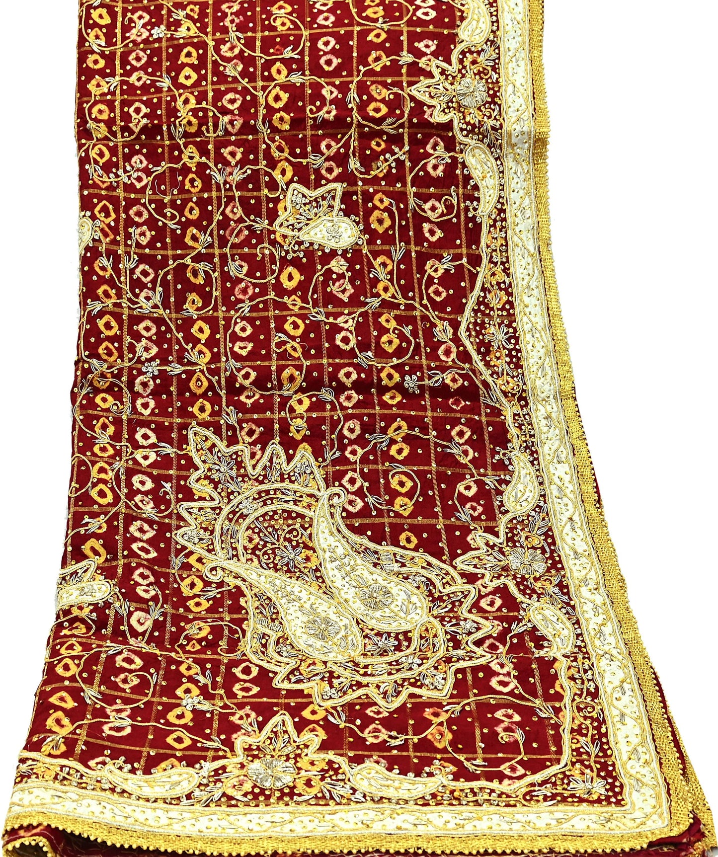 Indian Vintage Heavy Bridal Maroon Dupatta Pure Cotton Long Stole Hand Embroidered Bandhani Gharchola Scarves Wedding/Party Wear Peacock