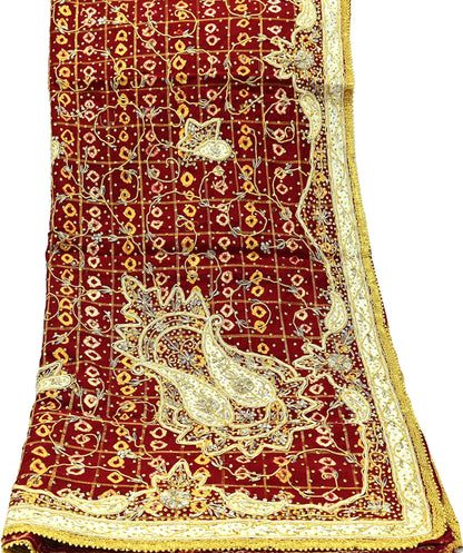 Indian Vintage Heavy Bridal Maroon Dupatta Pure Cotton Long Stole Hand Embroidered Bandhani Gharchola Scarves Wedding/Party Wear Peacock