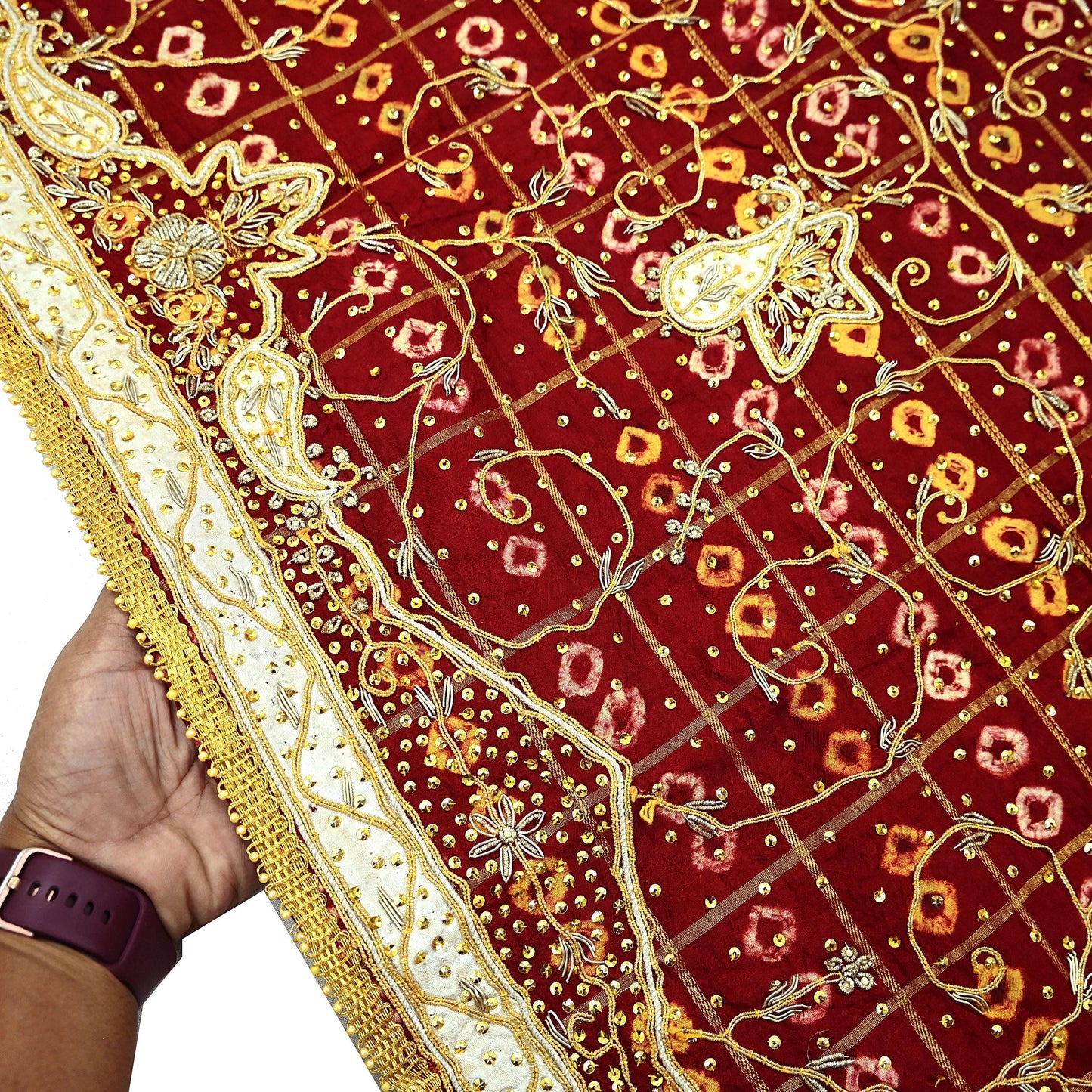 Indian Vintage Heavy Bridal Maroon Dupatta Pure Cotton Long Stole Hand Embroidered Bandhani Gharchola Scarves Wedding/Party Wear Peacock