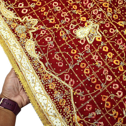 Indian Vintage Heavy Bridal Maroon Dupatta Pure Cotton Long Stole Hand Embroidered Bandhani Gharchola Scarves Wedding/Party Wear Peacock