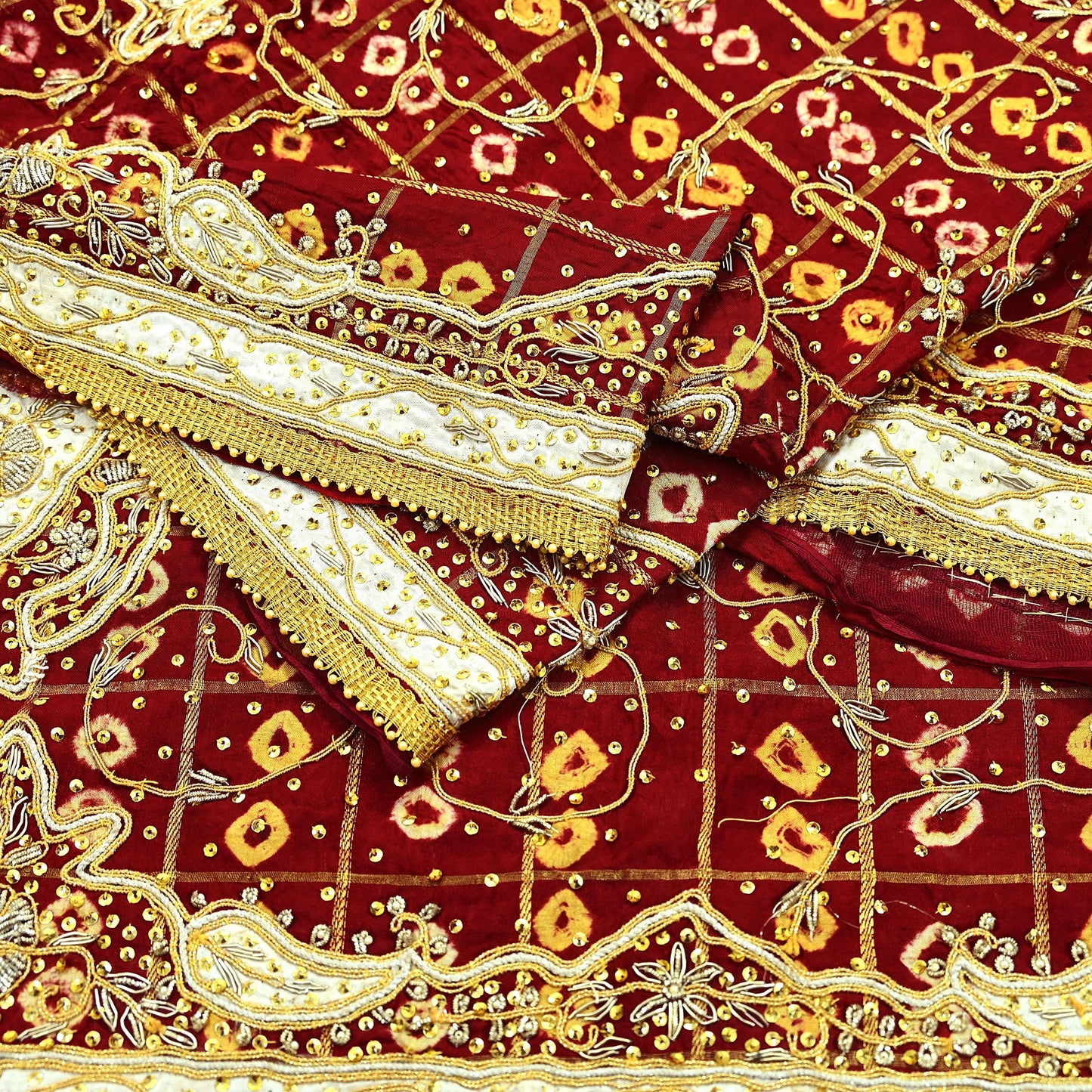 Indian Vintage Heavy Bridal Maroon Dupatta Pure Cotton Long Stole Hand Embroidered Bandhani Gharchola Scarves Wedding/Party Wear Peacock