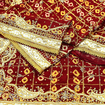 Indian Vintage Heavy Bridal Maroon Dupatta Pure Cotton Long Stole Hand Embroidered Bandhani Gharchola Scarves Wedding/Party Wear Peacock