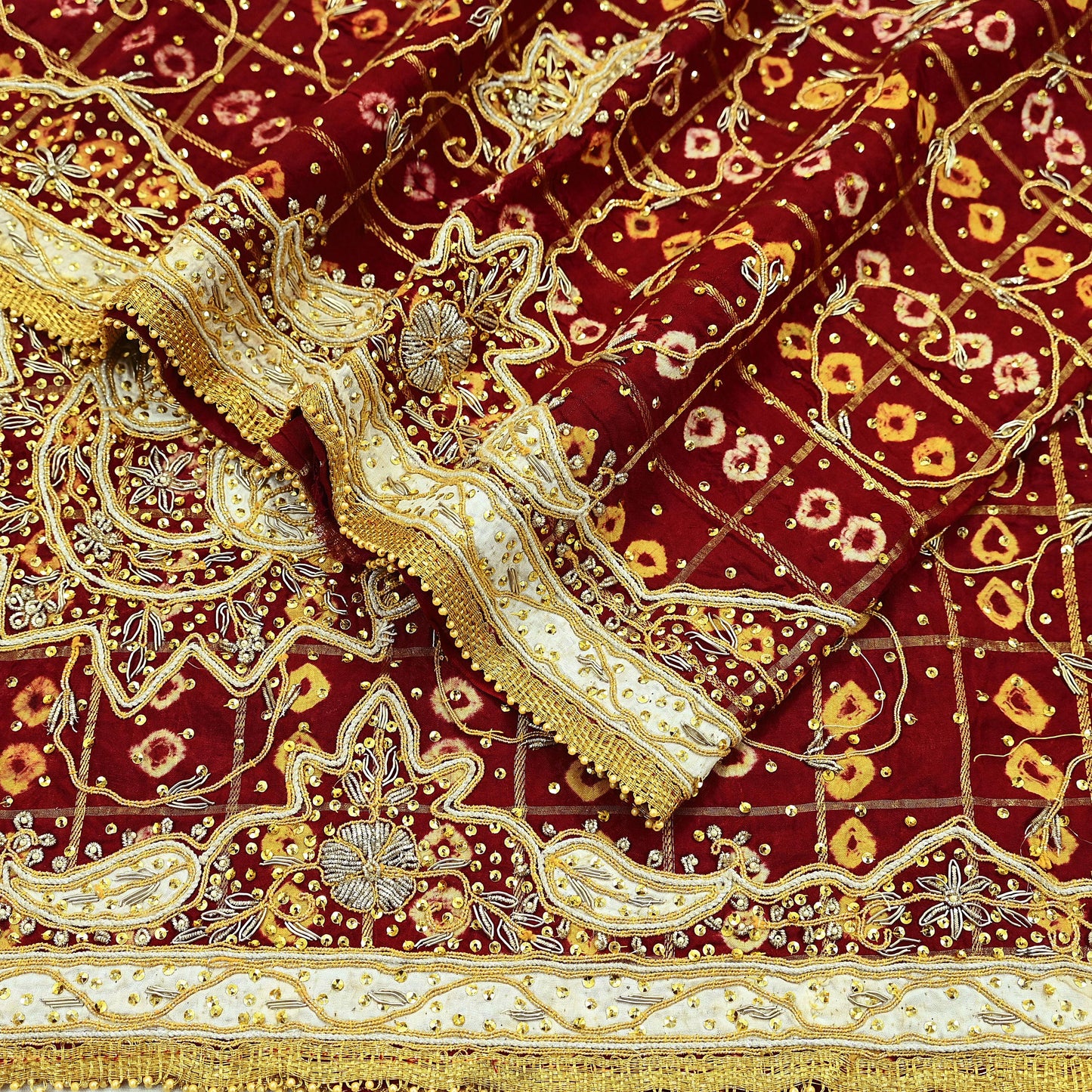 Indian Vintage Heavy Bridal Maroon Dupatta Pure Cotton Long Stole Hand Embroidered Bandhani Gharchola Scarves Wedding/Party Wear Peacock