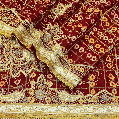 Indian Vintage Heavy Bridal Maroon Dupatta Pure Cotton Long Stole Hand Embroidered Bandhani Gharchola Scarves Wedding/Party Wear Peacock