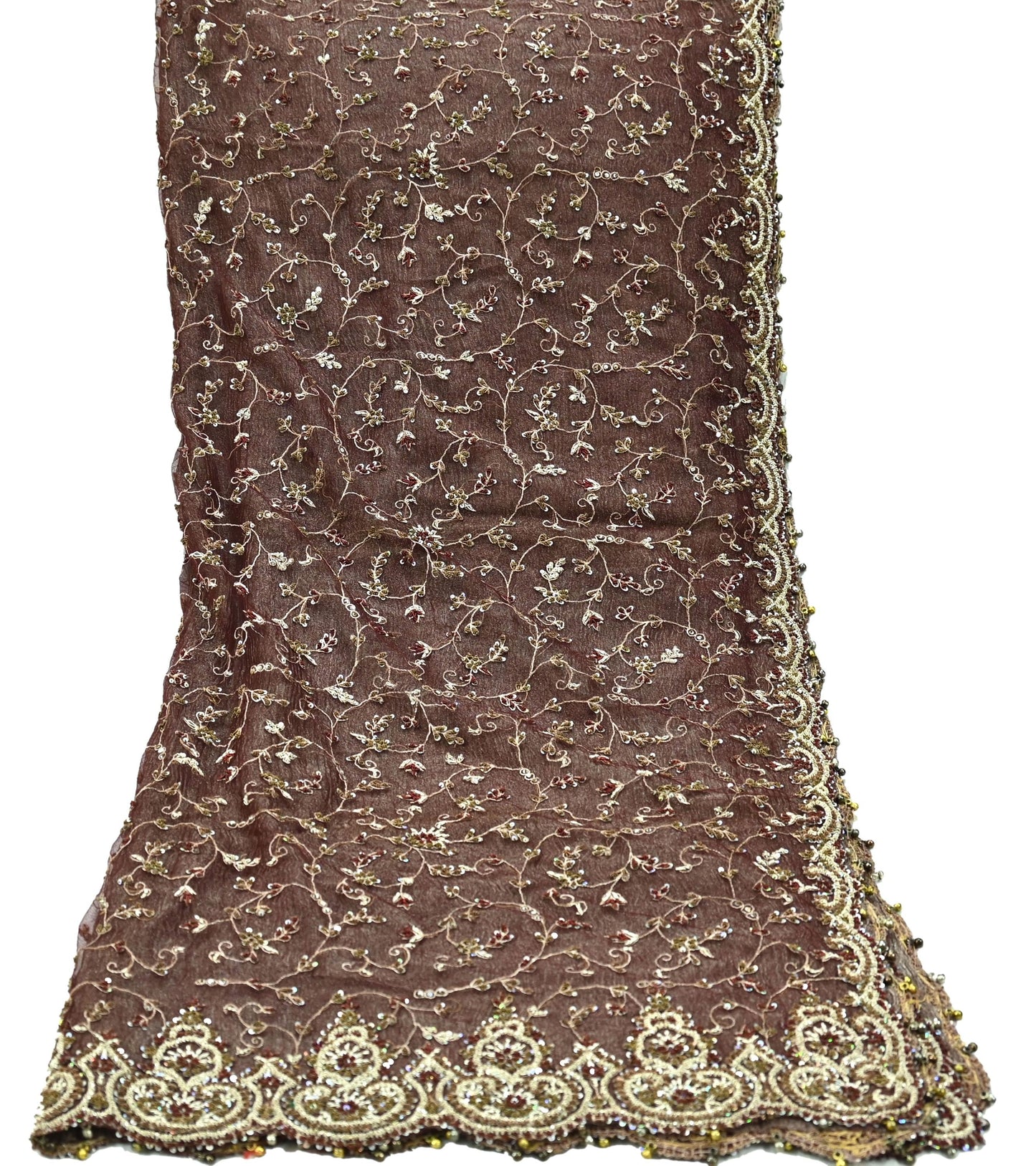 Indian Vintage Heavy Wedding Maroon Dupatta Net Mesh Long Stole Hand Embroidered Scarves Golden Zardozi Zari Sequins Dridal Veil Hijab