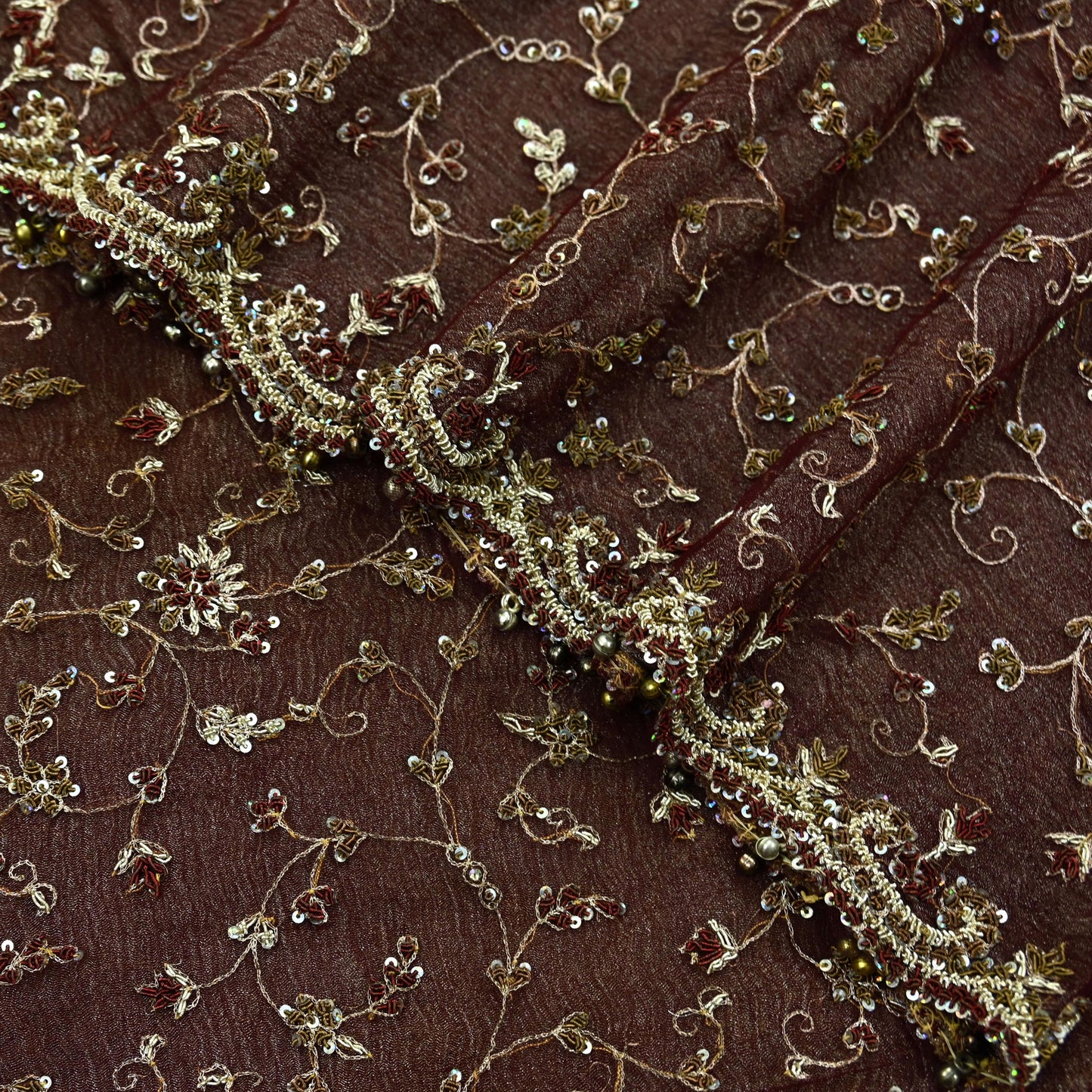 Indian Vintage Heavy Wedding Maroon Dupatta Net Mesh Long Stole Hand Embroidered Scarves Golden Zardozi Zari Sequins Dridal Veil Hijab