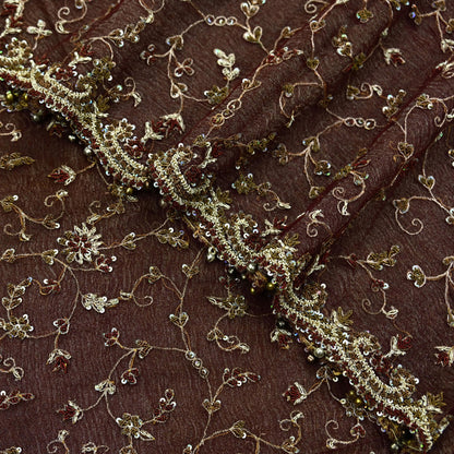 Indian Vintage Heavy Wedding Maroon Dupatta Net Mesh Long Stole Hand Embroidered Scarves Golden Zardozi Zari Sequins Dridal Veil Hijab