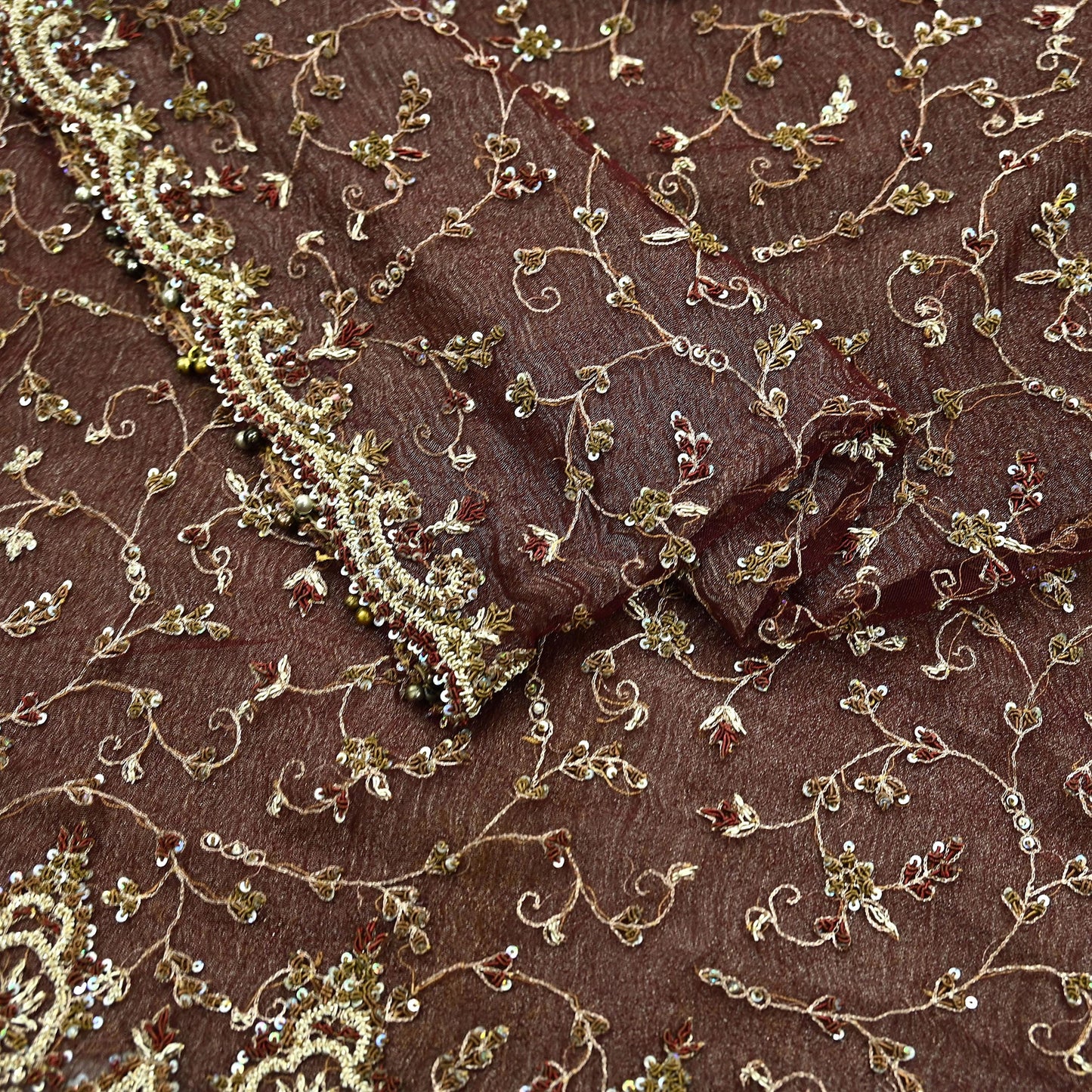 Indian Vintage Heavy Wedding Maroon Dupatta Net Mesh Long Stole Hand Embroidered Scarves Golden Zardozi Zari Sequins Dridal Veil Hijab