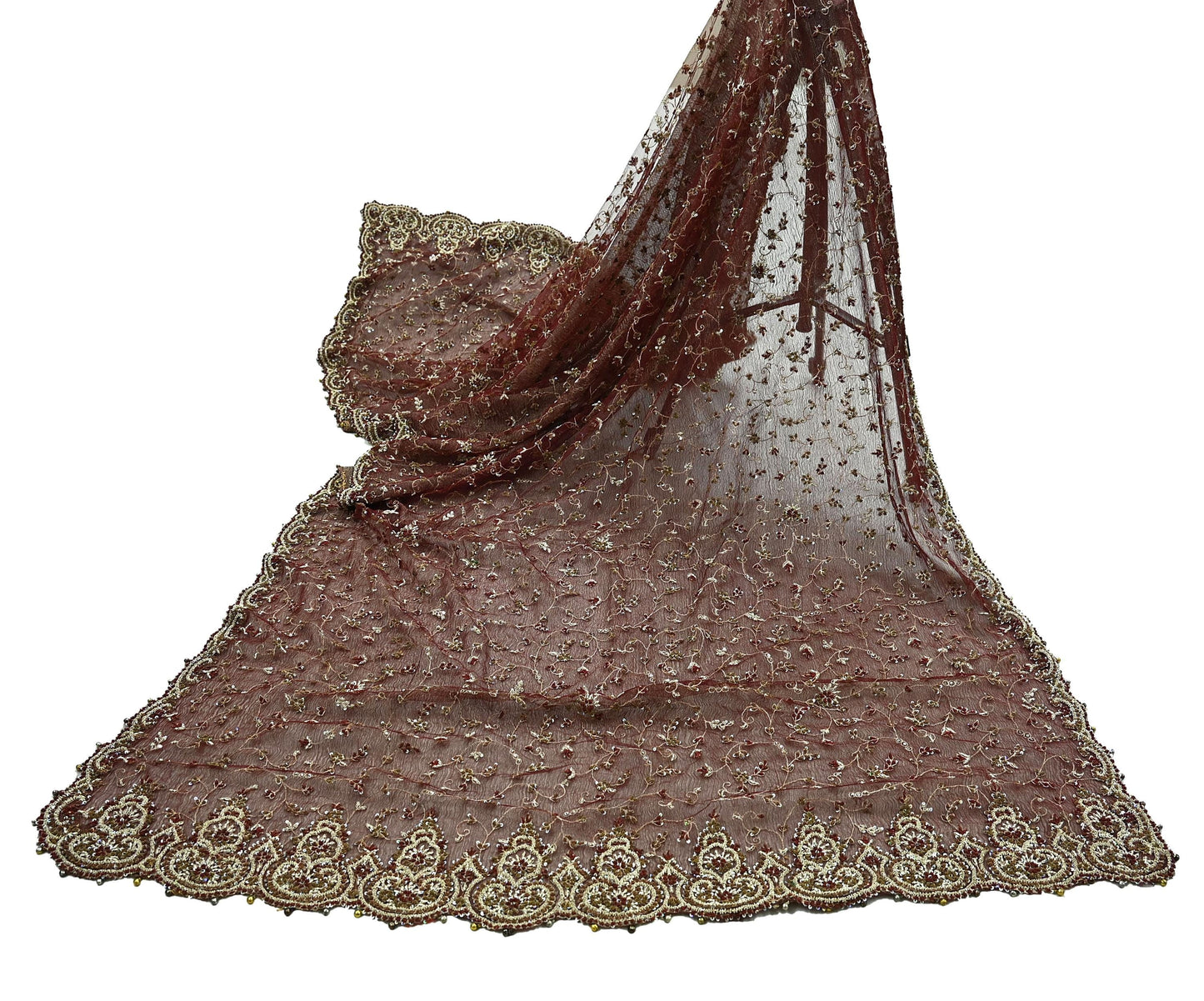 Indian Vintage Heavy Wedding Maroon Dupatta Net Mesh Long Stole Hand Embroidered Scarves Golden Zardozi Zari Sequins Dridal Veil Hijab