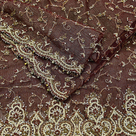 Indian Vintage Heavy Wedding Maroon Dupatta Net Mesh Long Stole Hand Embroidered Scarves Golden Zardozi Zari Sequins Dridal Veil Hijab