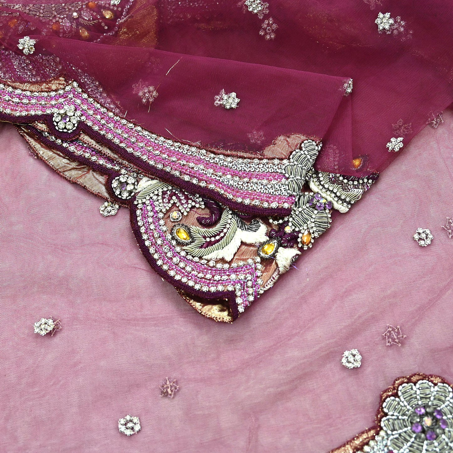 Indian Vintage Heavy Bridal Dupatta Pink Net Mesh Long Stole Hand Embroidered Scarves Sequins Glass Bead Wedding veil Wrap Boho