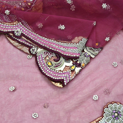 Indian Vintage Heavy Bridal Dupatta Pink Net Mesh Long Stole Hand Embroidered Scarves Sequins Glass Bead Wedding veil Wrap Boho