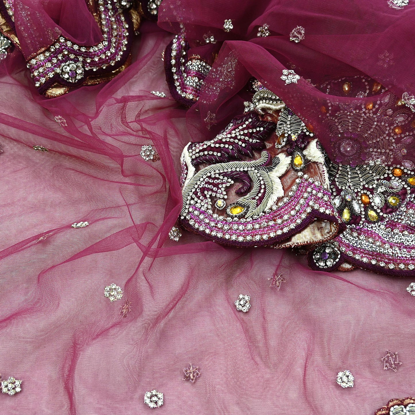 Indian Vintage Heavy Bridal Dupatta Pink Net Mesh Long Stole Hand Embroidered Scarves Sequins Glass Bead Wedding veil Wrap Boho