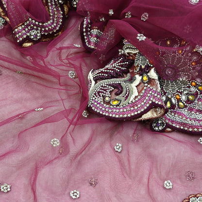 Indian Vintage Heavy Bridal Dupatta Pink Net Mesh Long Stole Hand Embroidered Scarves Sequins Glass Bead Wedding veil Wrap Boho