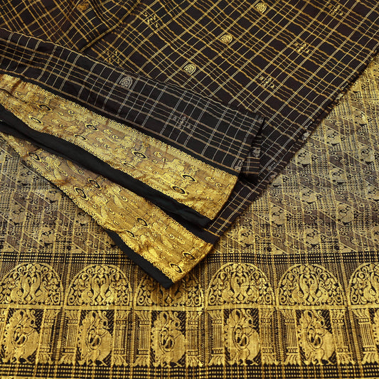 Indian Vintage Heavy Sarees Brown 100% Pure Silk Hand Woven Kanjivaram Sari Craft Fabric 5Yd Ethnic Zari Fringes Dress Making Quilting