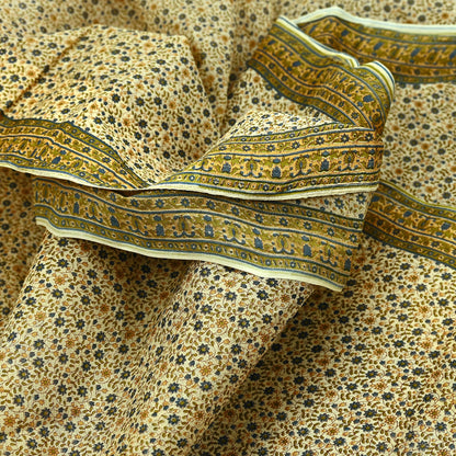 Indian Vintage Sari Ivory Printed Pure Cotton Sarees 5Yd Craft Fabric Sewing Sarong Wrap Boho Upcycle quilting Dress making