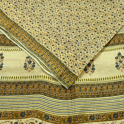 Indian Vintage Sari Ivory Printed Pure Cotton Sarees 5Yd Craft Fabric Sewing Sarong Wrap Boho Upcycle quilting Dress making