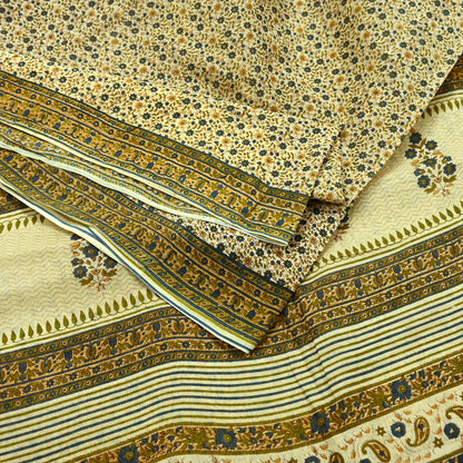 Indian Vintage Sari Ivory Printed Pure Cotton Sarees 5Yd Craft Fabric Sewing Sarong Wrap Boho Upcycle quilting Dress making