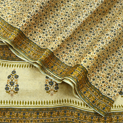 Indian Vintage Sari Ivory Printed Pure Cotton Sarees 5Yd Craft Fabric Sewing Sarong Wrap Boho Upcycle quilting Dress making