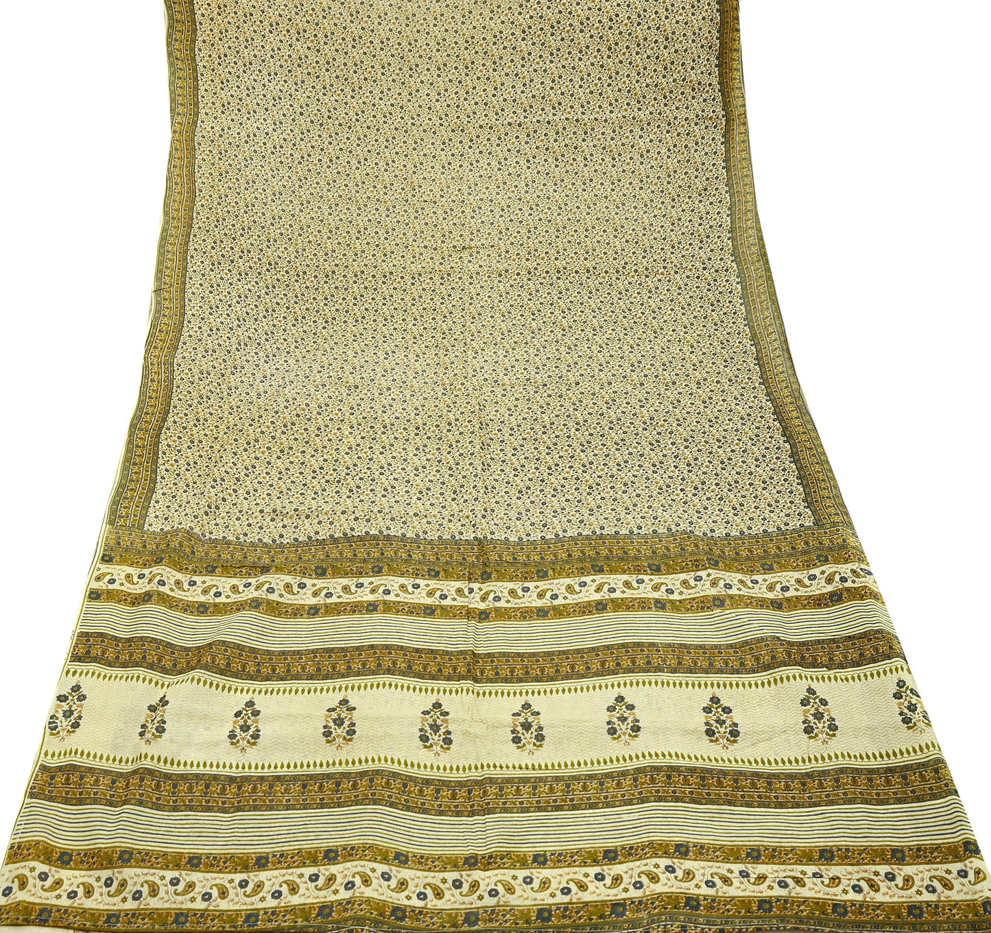 Indian Vintage Sari Ivory Printed Pure Cotton Sarees 5Yd Craft Fabric Sewing Sarong Wrap Boho Upcycle quilting Dress making
