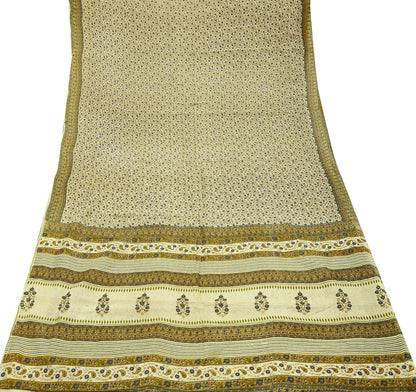 Indian Vintage Sari Ivory Printed Pure Cotton Sarees 5Yd Craft Fabric Sewing Sarong Wrap Boho Upcycle quilting Dress making