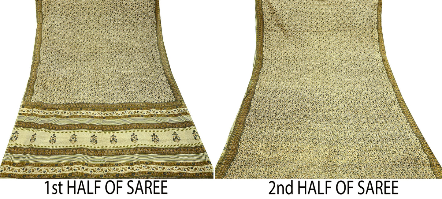 Indian Vintage Sari Ivory Printed Pure Cotton Sarees 5Yd Craft Fabric Sewing Sarong Wrap Boho Upcycle quilting Dress making