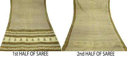 Indian Vintage Sari Ivory Printed Pure Cotton Sarees 5Yd Craft Fabric Sewing Sarong Wrap Boho Upcycle quilting Dress making